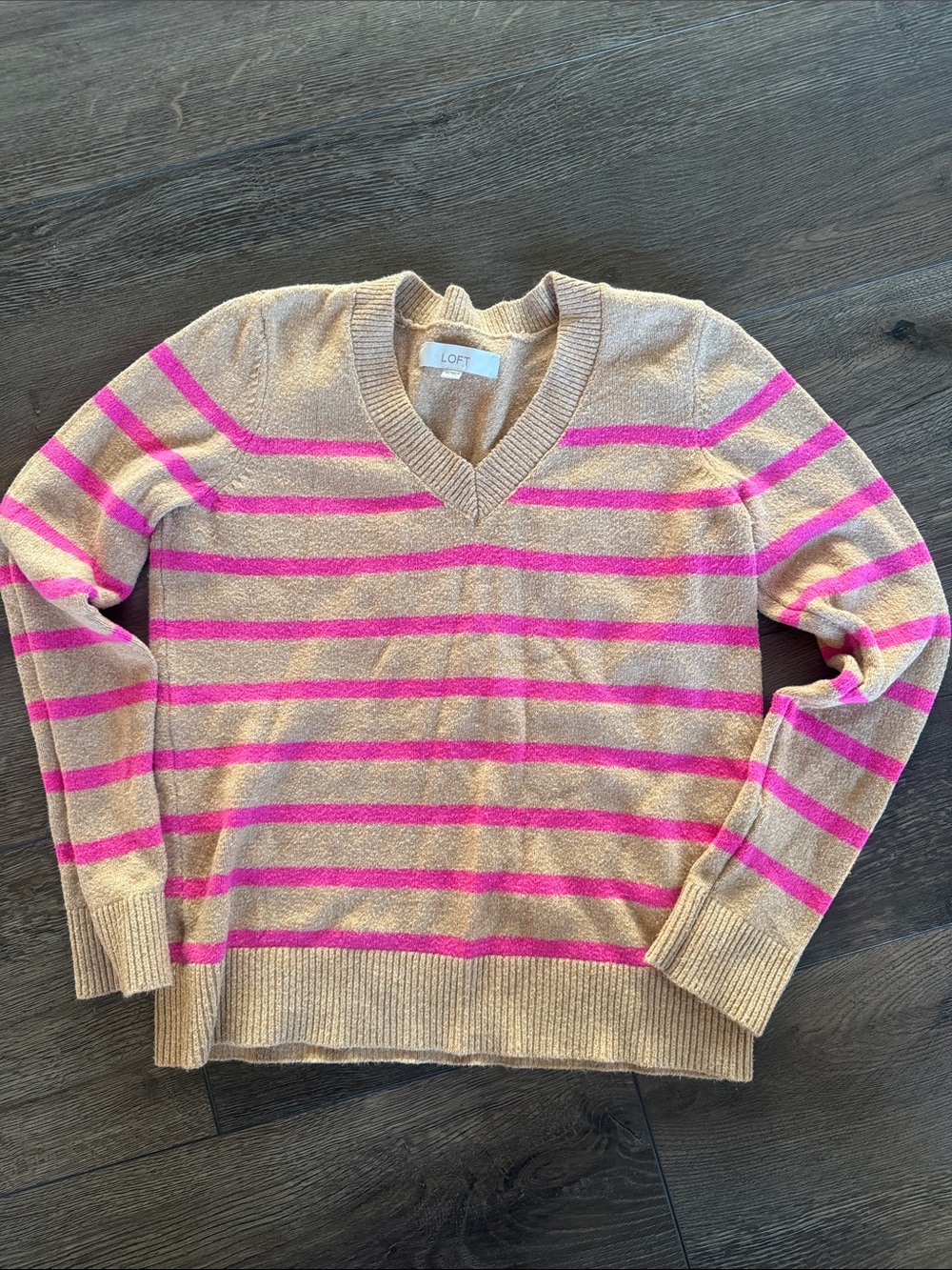 LOFT Tan and Hot Pink Striped V-Neck Sweater